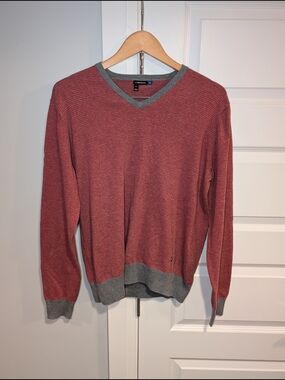 J.Lindeberg Men's Red V-Neck Sweater with Gray Trim